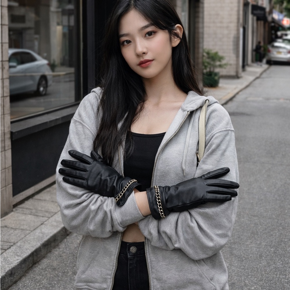 Genuine leather gloves w/gold decorative chain